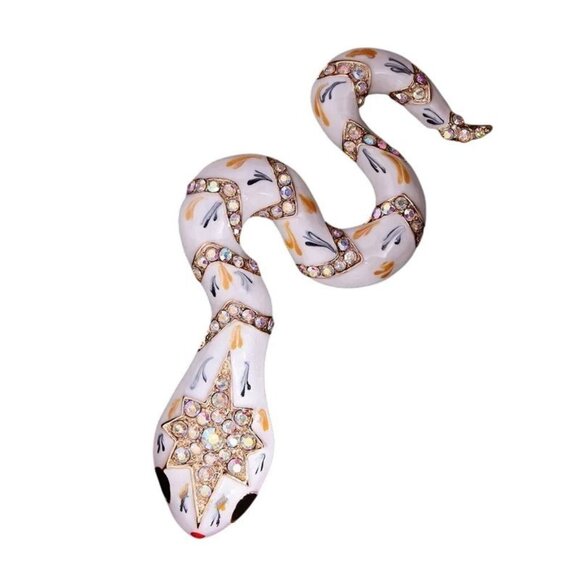 Womens Snake Brooch Pin Pendant White Enamel Clear Rhinestone Gold Tone - Picture 2 of 3